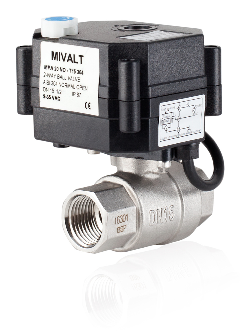 MPA20 NO 202 - T15  Jednočinný el.pohon 9-35V AC/DC vč. 1/2" ventilu nerez 304