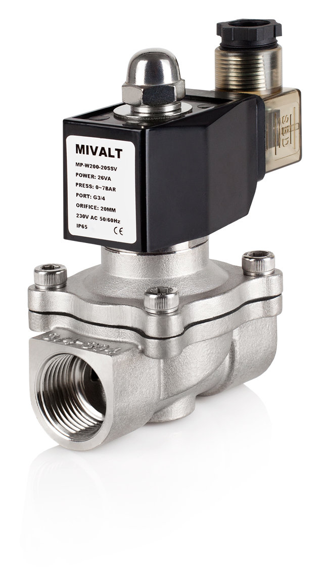 MP W200-20SN 230V AC 2/2 elektromag. ventil, tělo nerez 304, DN20, G3/4", 0-7Bar, membrána NBR,NC
