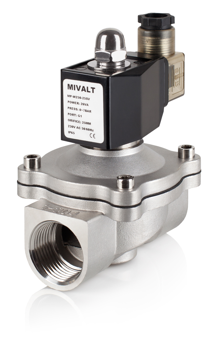 Ventil MP-W250-25SN, NC, 1", 230V AC, dvoucestný nerezový, (0-10bar)